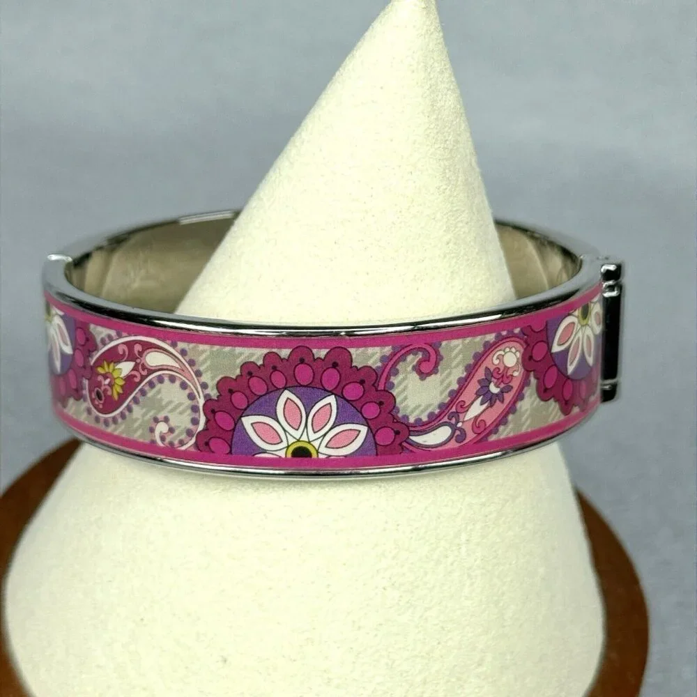 Vera Bradley Bracelet Paisley Meets Plaid Pink Silver Tone Clamper Bangle 7